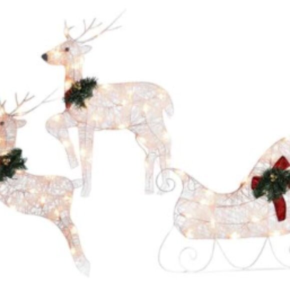 Set of 3 Piece Sleigh and Reindeer Light Up Indoor Outdoor Golden Mesh - Picture 2 of 2